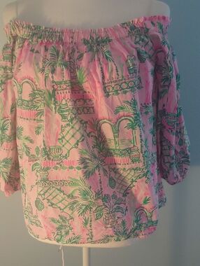 Lilly Pulitzer Pink and Green Ruffled Off-Shoulder Top